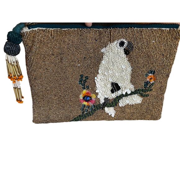 Miss Albright Anthropologie Beaded Clutch Bag Metallic Gold Bird - Picture 1 of 8